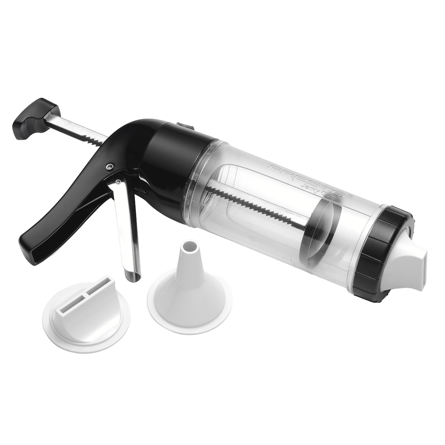 Jerky gun with a wide, easy-to-load chamber and stainless steel rod, including three interchangeable nozzles, ideal for Kitchen & Food, Food Preservation, Drying, and Specialty Equipment collections.