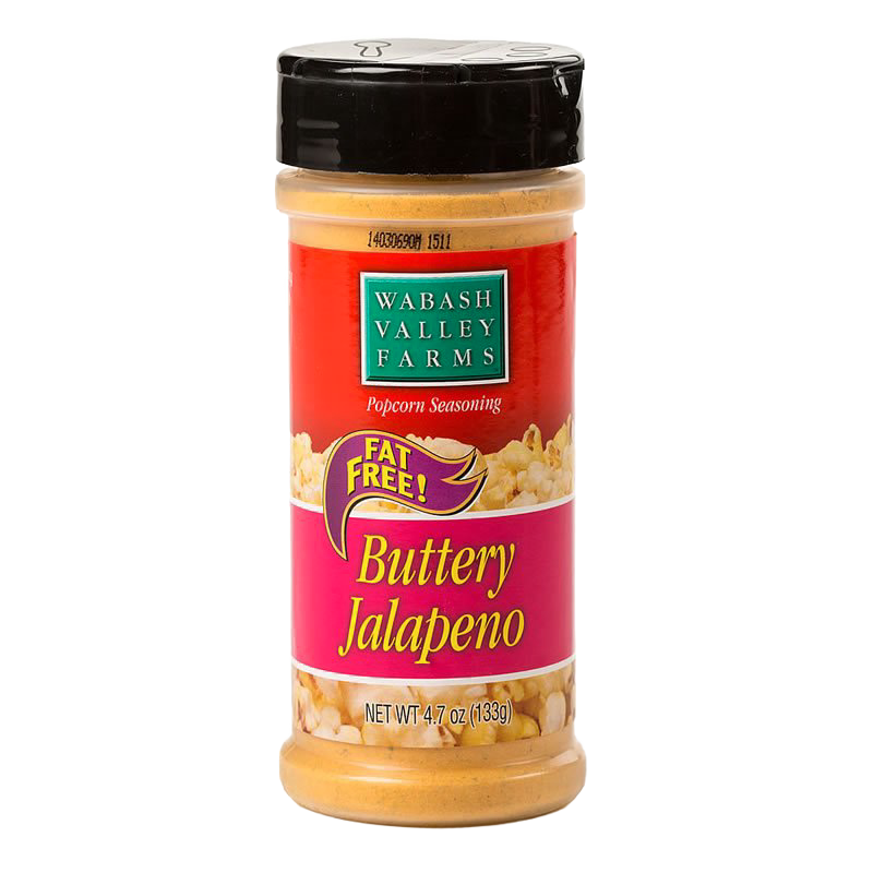Plastic shaker container of fat-free Buttery Jalapeno popcorn seasoning with red and pink label, made in USA, featured in Kitchen & Food, Snacks and Sweets, Popcorn, USA Made, Best Sellers, and Promo Eligible collections.