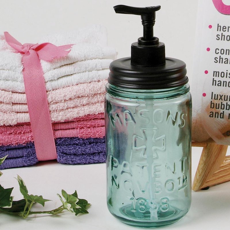 Reproduction blue-green Mason jar soap dispenser with black pump and embossed patent date, featuring a durable design ideal for Health & Wellness, Soaps, and Best Sellers collections.