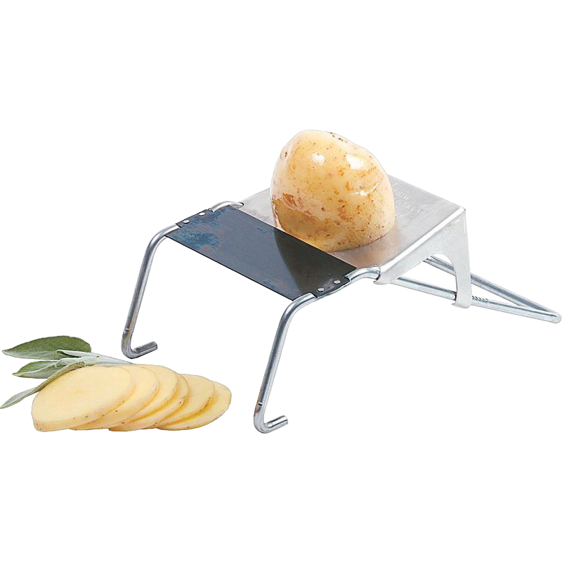 Handcrafted metal vegetable slicer with angled frame and sharp blade slicing a small potato into thin pieces, ideal for Kitchen & Food, Food Prep, Choppers and Cutters, Best Sellers, Promo Eligible collections.