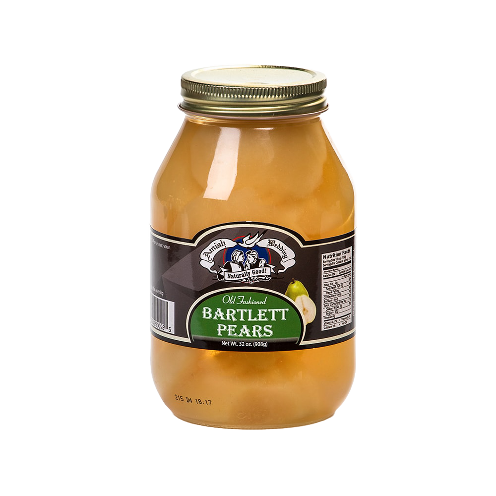 Clear glass jar filled with halved Bartlett pears in syrup, sealed with a gold metal lid, handcrafted and made in USA, featured in Kitchen & Food, Snacks and Sweets, Pantry, Best Sellers, and Promo Eligible collections.
