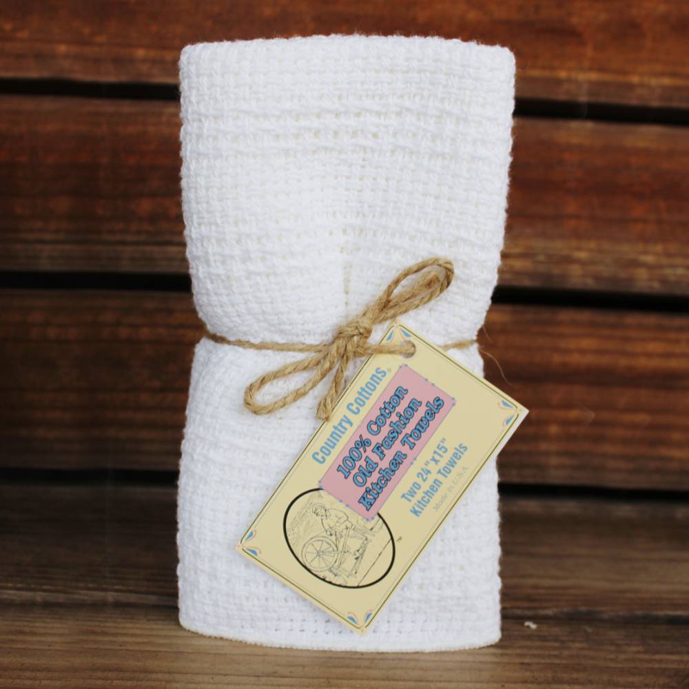 Loosely woven white cotton kitchen towel set tied with rustic twine and vintage-style tag, crafted in USA, featured in Kitchen & Food, Kitchen Textiles, USA Made, Best Sellers, and Promo Eligible collections.