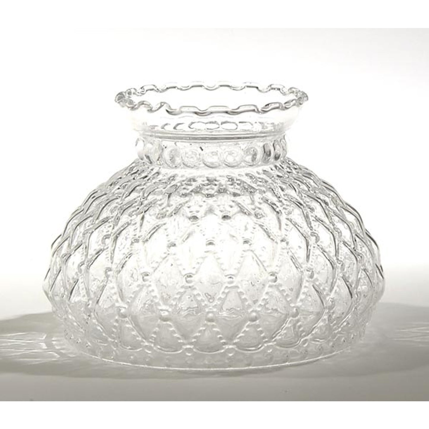 Clear glass oil lamp shade with diamond quilt pattern and scalloped rim, compatible with lamp shade rings, featured in Lamps & Lighting, Parts and Accessories, Lamp Shades, and Best Sellers collections.