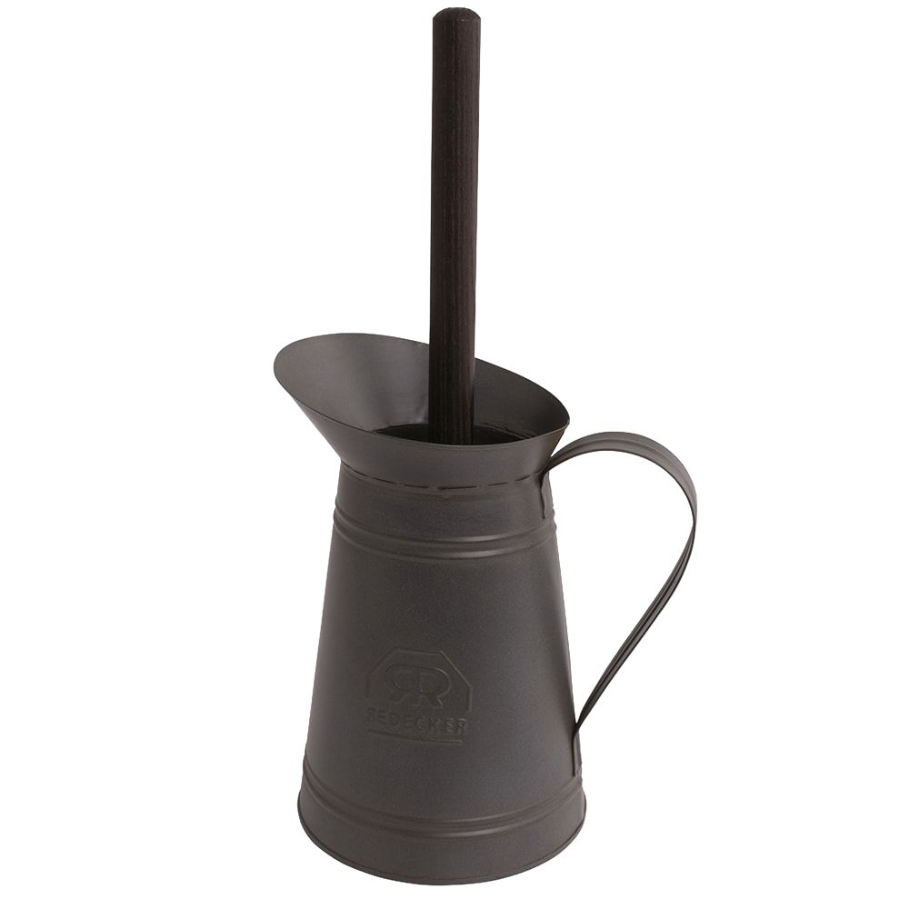 Sleek dark metal holder with a curved handle paired with a toilet brush featuring an oiled thermowood handle, handcrafted for household cleaning and home décor collections.
