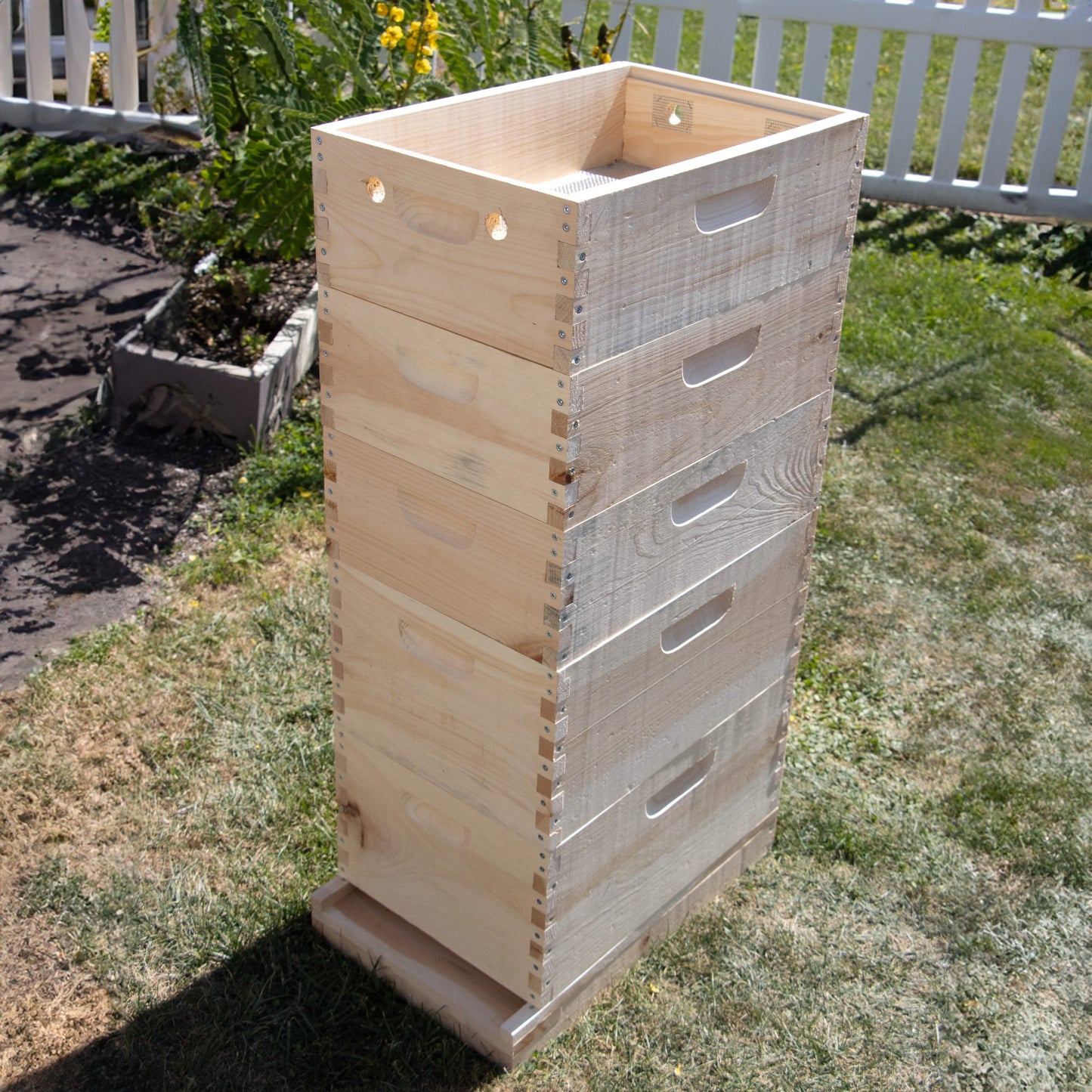 Handcrafted wooden hive box with ventilation holes and dovetail joinery, made in USA by Amish artisans, part of Farm, Garden & Tool and Beekeeping Supplies collections.