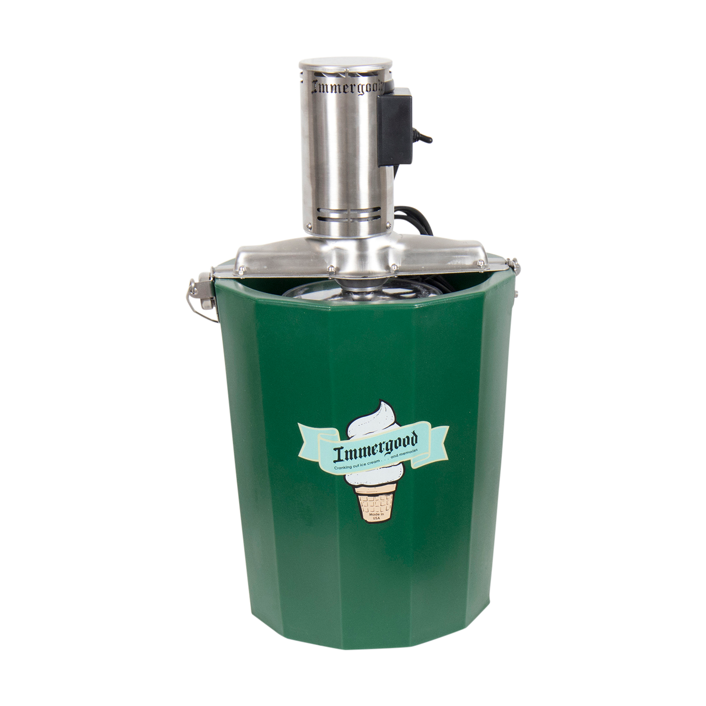 Green insulated fiberglass ice cream freezer with stainless steel electric motor mounted on top, designed for easy homemade ice cream in Kitchen & Food, Specialty Equipment, Making Ice Cream collections.
