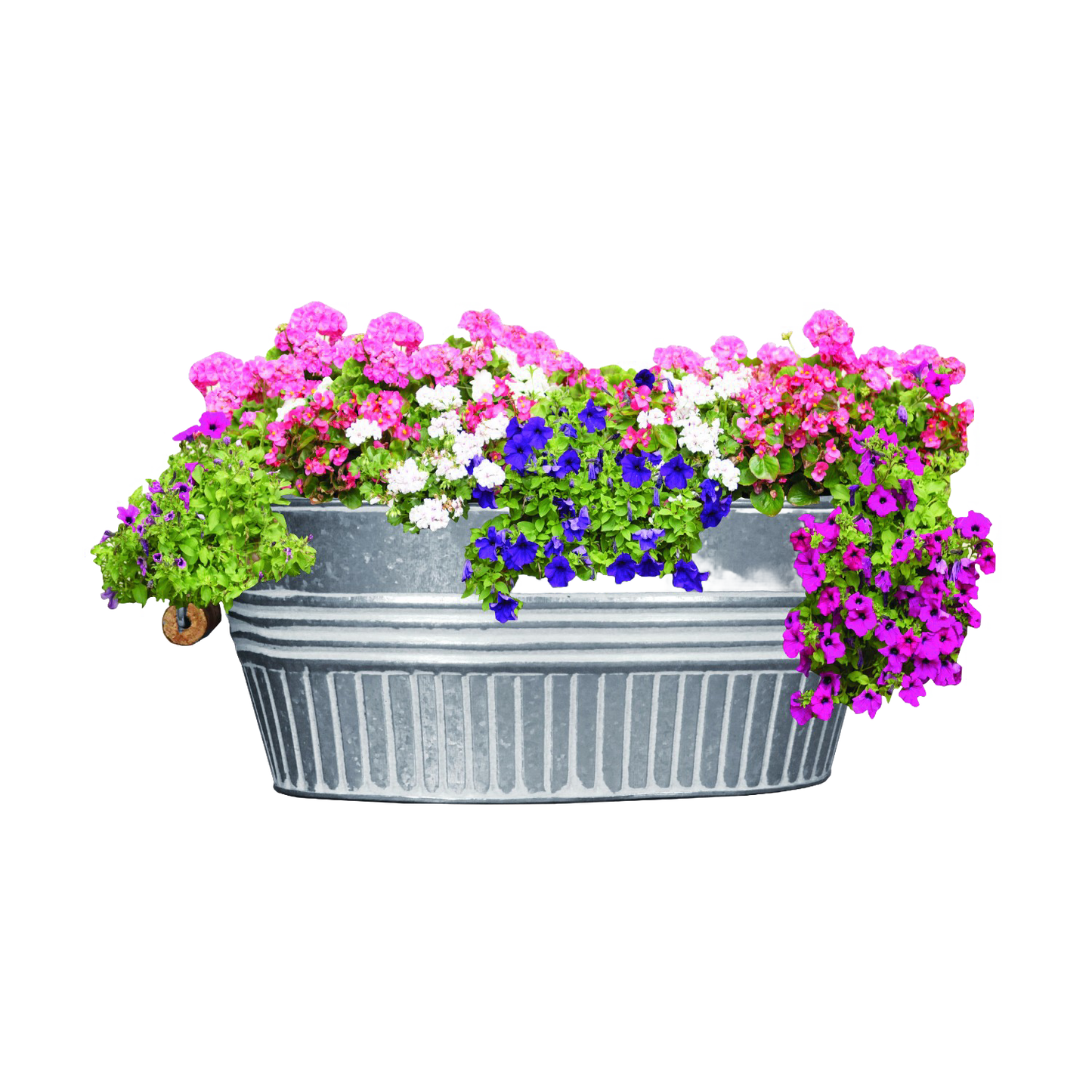 Galvanized metal basin planter with wooden-grip handles, filled with vibrant pink, purple, and white flowers, featured in Farm, Garden & Tool and Garden Accessories collections.