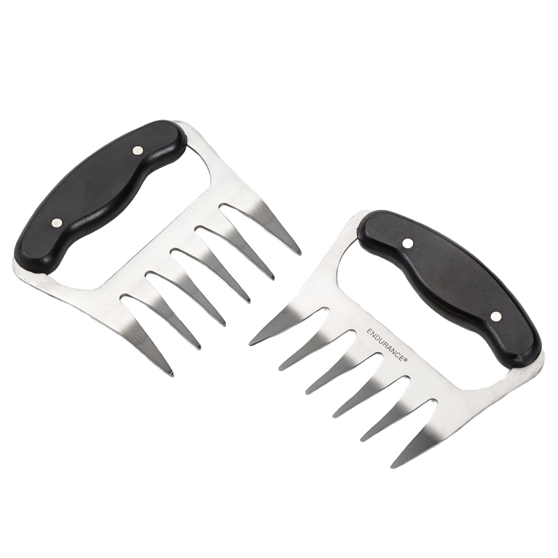 Pair of stainless steel meat shredders with black ergonomic handles featuring durable blades and contoured design, ideal for pulled pork and smoked meat shredding in Kitchen Gadgets.