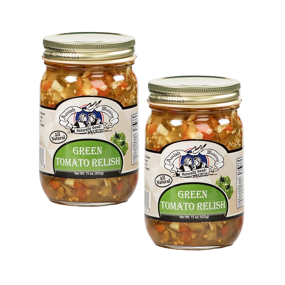 Two 15-ounce jars of handcrafted green tomato relish featuring visible chunks of vegetables in a glass jar with gold lids, ideal for Kitchen & Food, Pantry, USA Made, and Best Sellers collections.