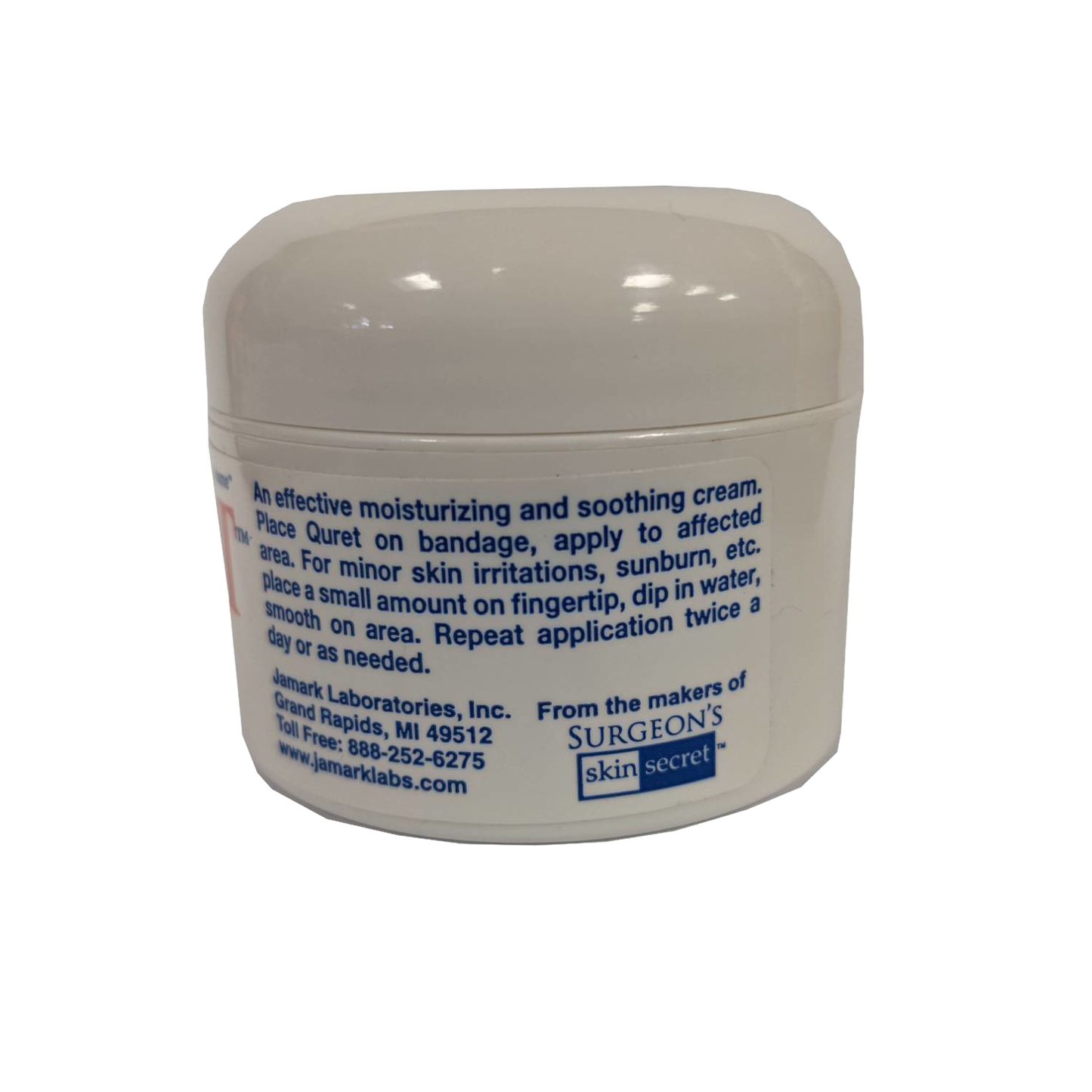 Small white jar of soothing cream with blue text instructions for application on minor skin irritations, promoting healing, handcrafted and made in USA, featured in Health & Wellness and Best Sellers collections.