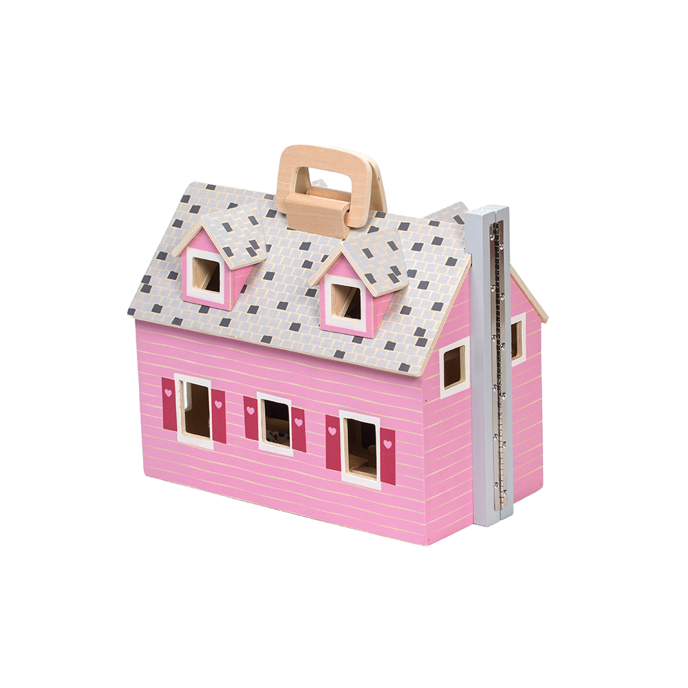 Pink wooden foldable dollhouse with gray shingled roof and wooden handle, featuring heart-adorned shutters, designed for indoor play and part of Toys, Children's Toys, and Doll Accessories collections.