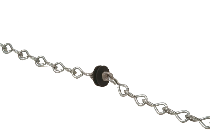 Rustproof aluminum link chain with a black rubber disc featuring twin flanges for watertight sealing, designed for use in water pumps, appliances, and pump parts collections.