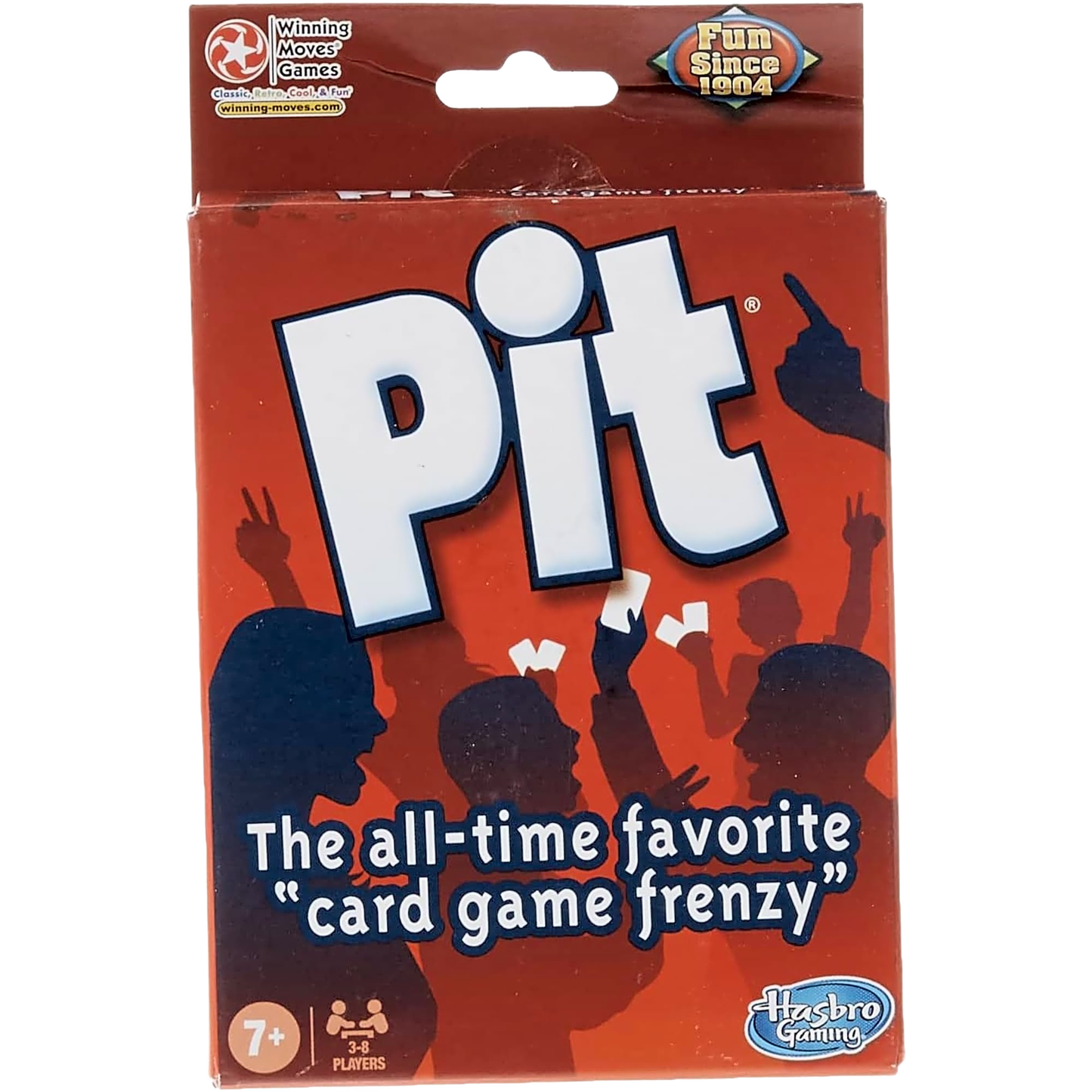 Red and navy card game box featuring bold white "Pit" text and silhouettes of people energetically trading cards, designed for Toys, Books & Games and Table and Board Games collections.