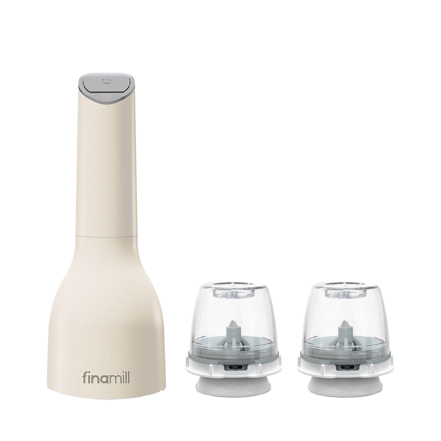 Cream-colored one-handed electric spice grinder with two clear interchangeable grinding pods, handcrafted for easy use, perfect for Kitchen & Food and Kitchen Gadgets collections.