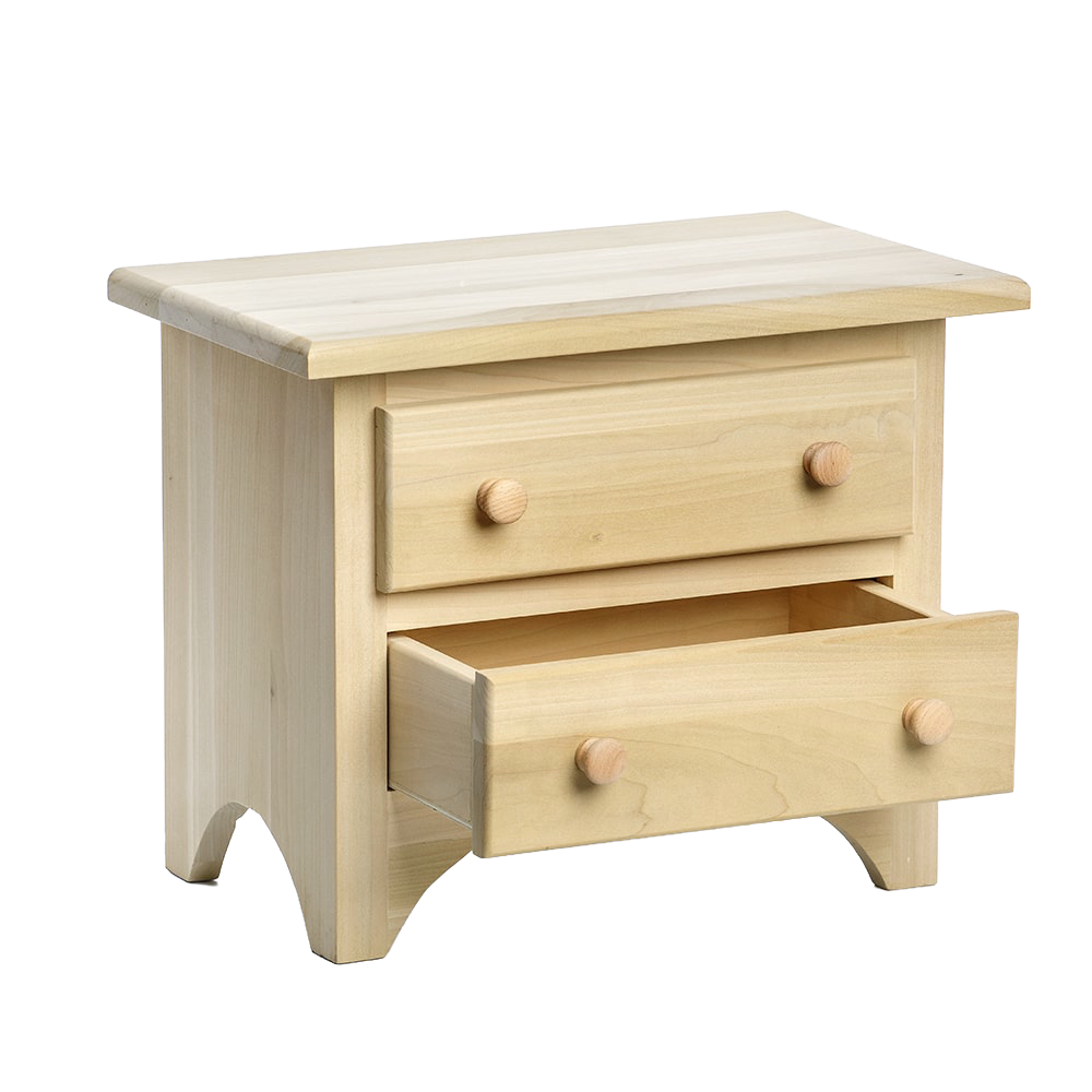 Handcrafted wooden doll dresser with two functional drawers made by Amish artisans in the USA, designed for children’s indoor play and doll accessories collections.