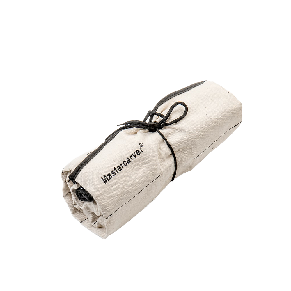 Rolled heavy-duty canvas tool pouch with black trim and tie, designed to hold a 13-piece carving tool starter set for farm, garden, hand tools, and carving knives collections.