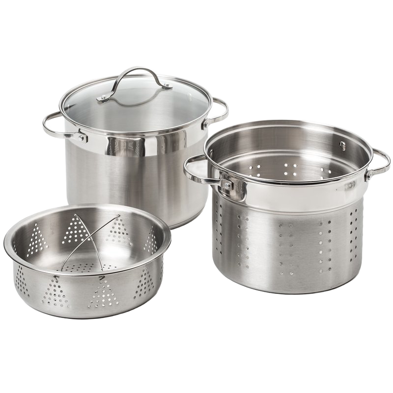 Brushed stainless steel multi-cooker set including an 8-quart stockpot with glass lid, perforated insert, and steaming basket, ideal for Kitchen & Food, Cookware, Pots and Pans collections.