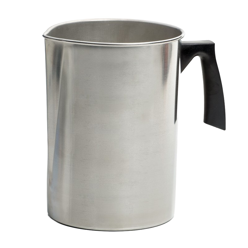 Seamless stainless steel melting pot with easy-grip black handle and pour spout, designed for candlemaking, part of Candles and Candlemaking, Supplies, and Best Sellers collections.