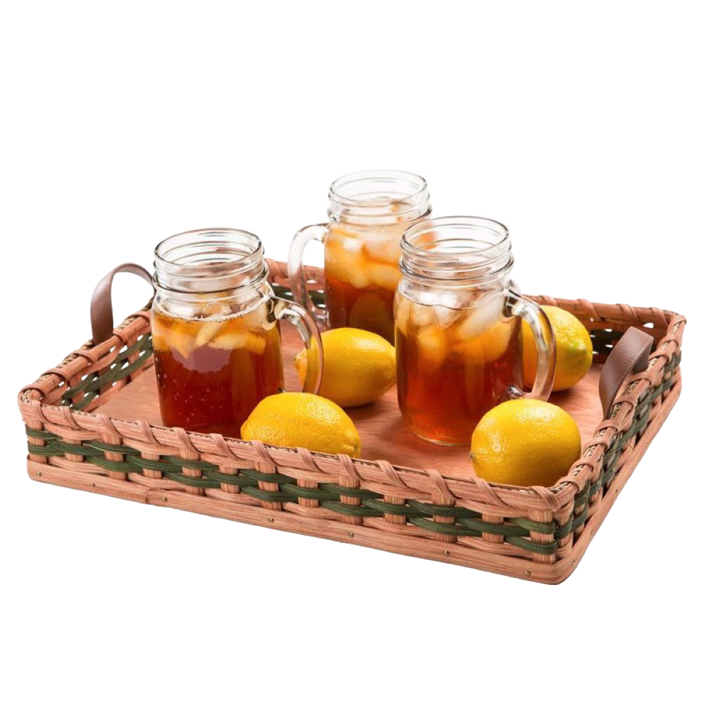 Handcrafted serving tray with woven sides and flat wooden base, featuring two side handles, holding three glass mugs of iced tea and four fresh lemons for serving in Kitchen & Food and Storage collections.