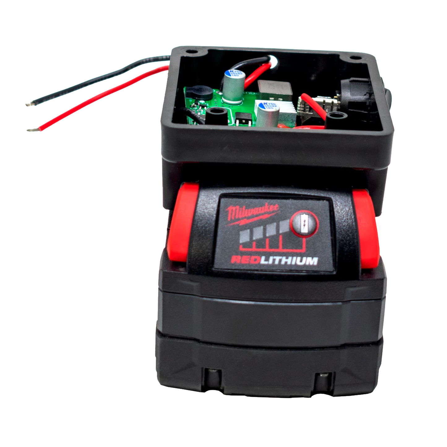 Black and red battery adapter with exposed circuit board and wiring, compatible with Milwaukee and DeWalt tool batteries for Lamps & Lighting, Battery, Solar, LED, and Best Sellers collections.
