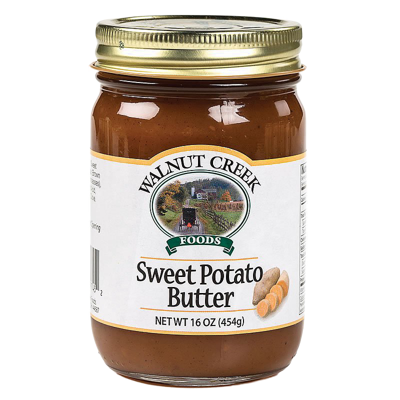 Glass jar of handcrafted sweet potato butter with smooth texture and golden lid, made in USA, ideal for Kitchen & Food, Pantry, and Best Sellers collections at Lehman’s.