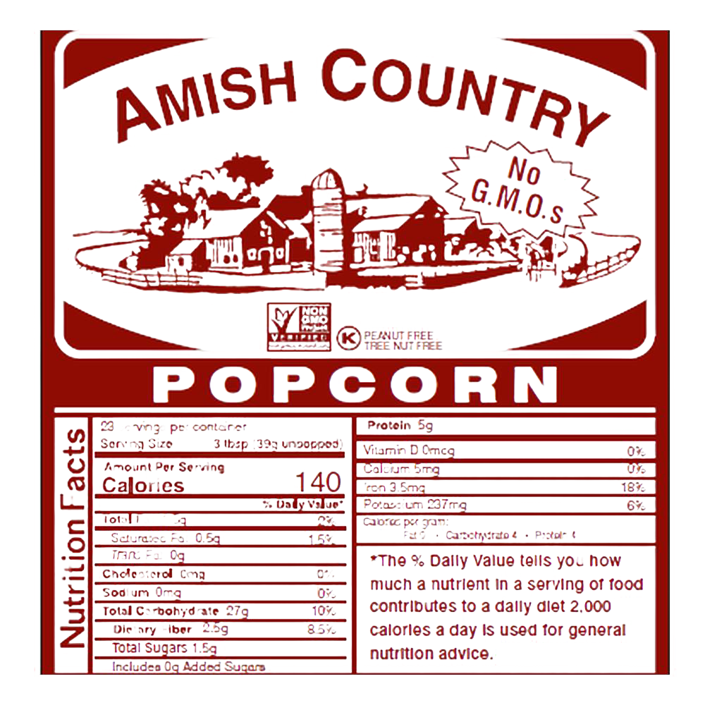 Vintage-style label for Amish Country Popcorn featuring a detailed farm illustration, nutrition facts, and text highlighting handcrafted, USA made popcorn with no GMOs, suitable for Kitchen & Food, Snacks and Sweets, Popcorn, and USA Made collections.