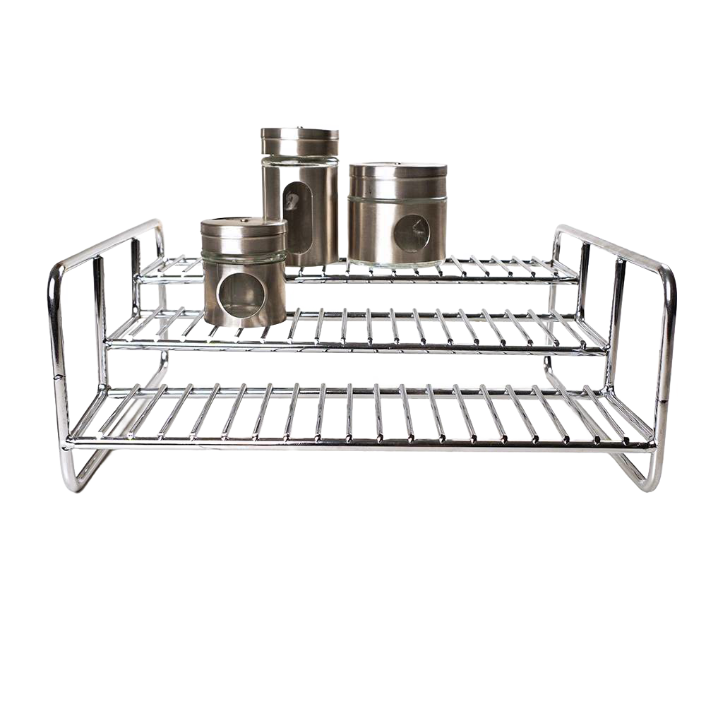 Chrome-plated 3-level wire rack with three stainless steel canisters, ideal for organizing kitchen spices and canned goods, featured in Kitchen & Food, Storage and Serving, and Best Sellers collections.