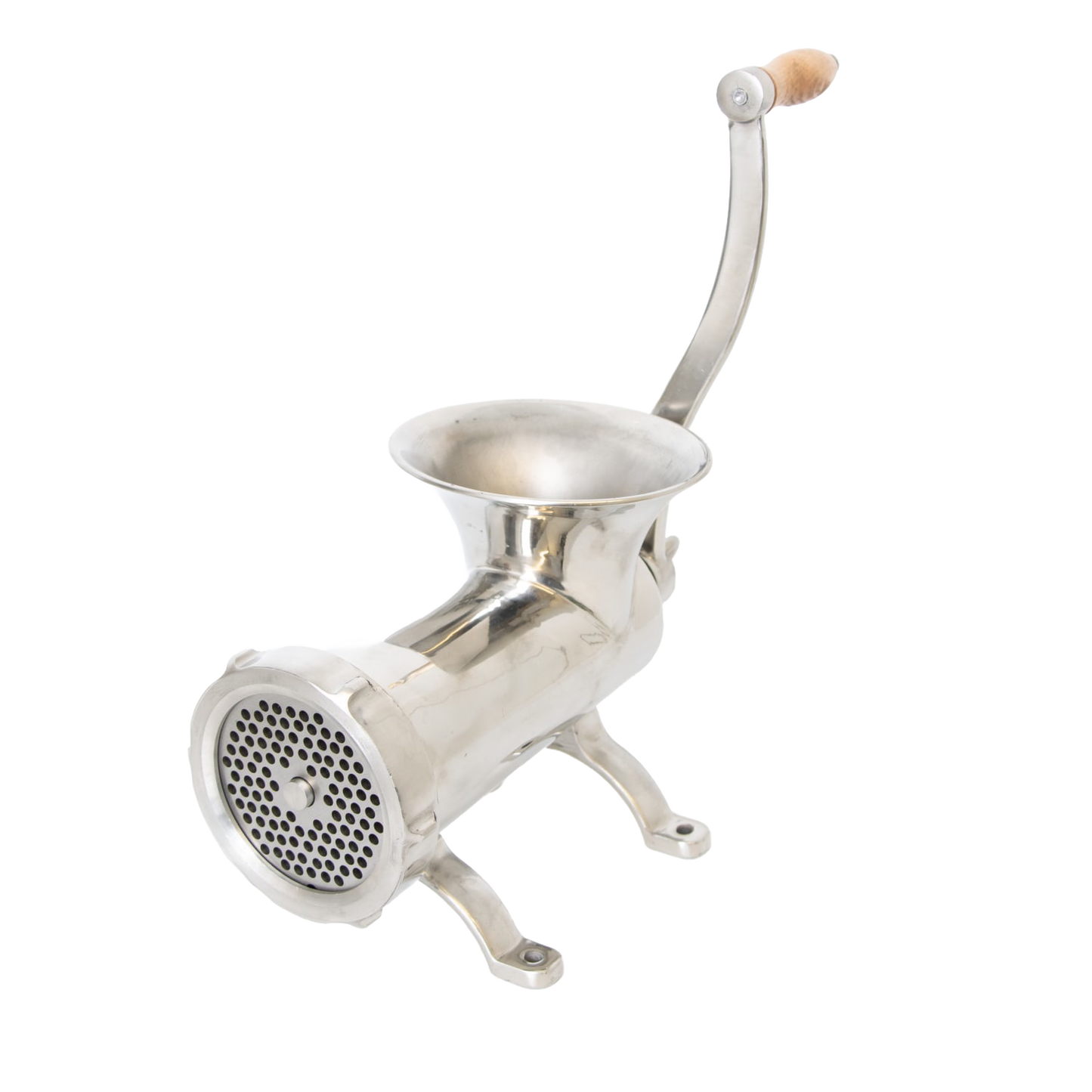 Handcrafted stainless steel mounted meat grinder with a smooth wooden handle and pre-drilled base, ideal for Kitchen & Food, Specialty Equipment, Butchering Supplies, Best Sellers, Promo Eligible collections.
