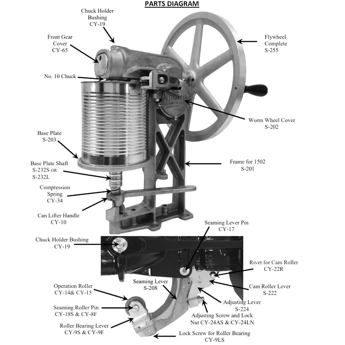 Detailed black and white diagram of a handcrafted all-aluminum can sealer with labeled parts including flywheel, crank handle, and sealing components, for use in Kitchen & Food, Food Preservation, Canning, and Canning Accessories collections.