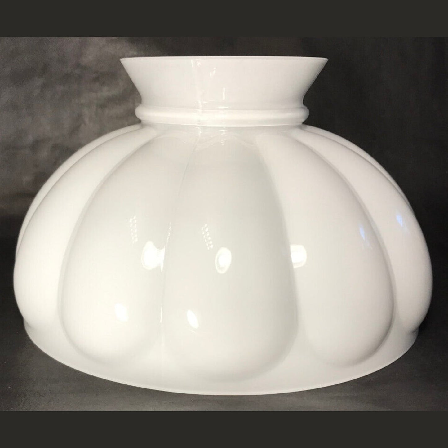 Glossy white opal glass melon-shaped oil lamp shade with rounded scalloped design, compatible with 10" shade rings, featured in Lamps & Lighting and Lamp Shades collections.