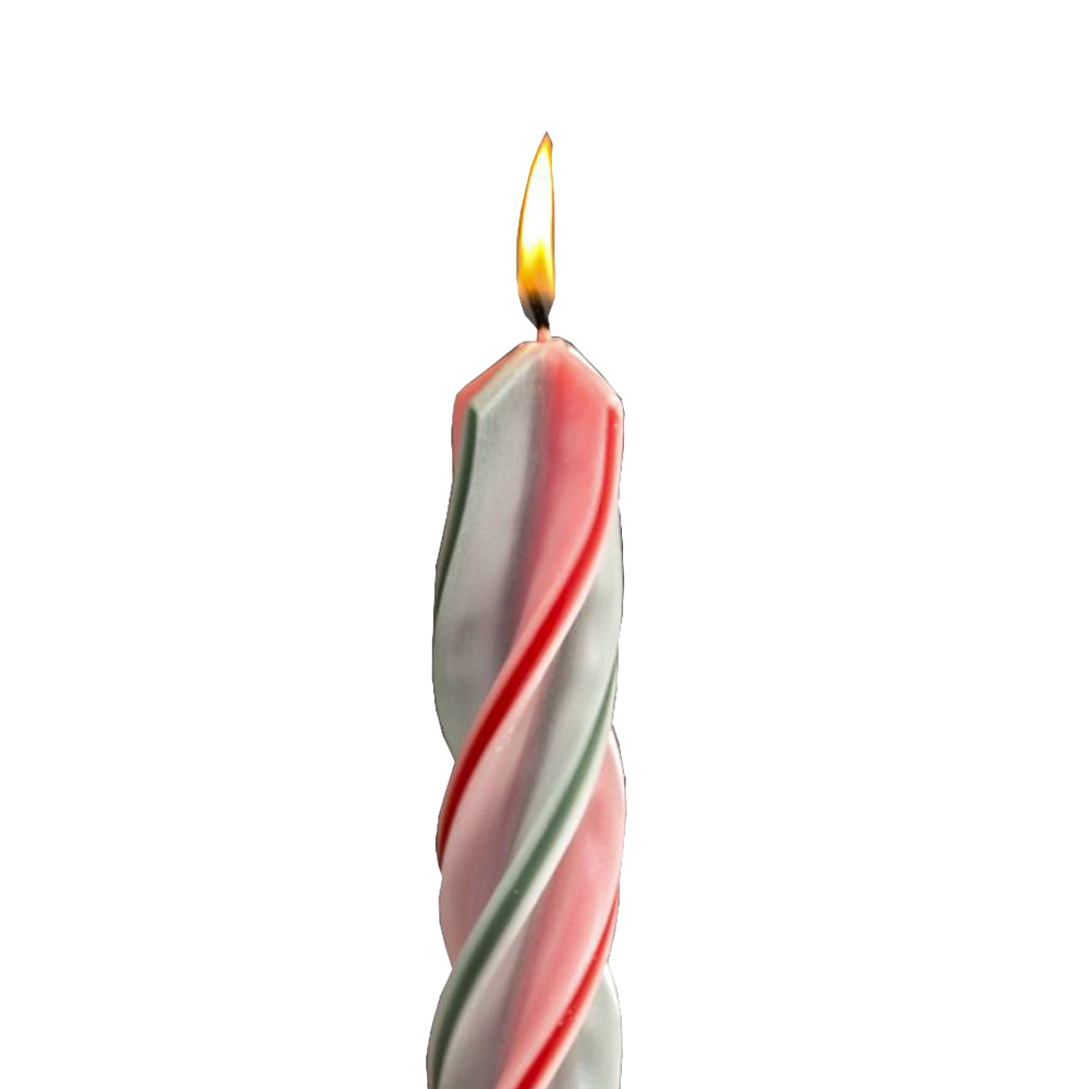 Handmade red and green spiral candle burning with a steady flame, showcasing dripless design ideal for holiday decor in home, lamps & lighting, and festive settings.