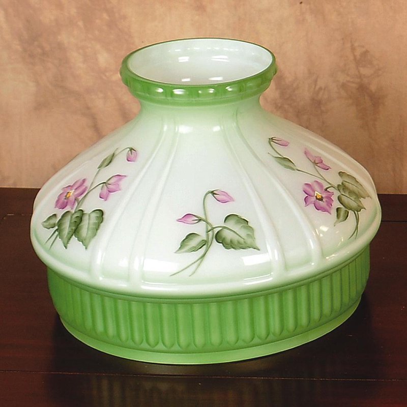 Handcrafted glass oil lamp shade featuring soft green and white tones with delicate violet floral motifs, designed for Lamps & Lighting, Parts and Accessories, Lamp Shades, and Best Sellers collections.