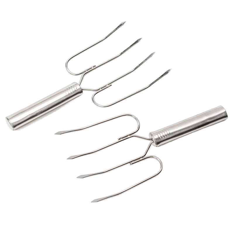 Pair of heavy-duty stainless steel lifters with curved forked tines and smooth handles designed for safe handling of large roasts, featured in kitchen gadget collections.