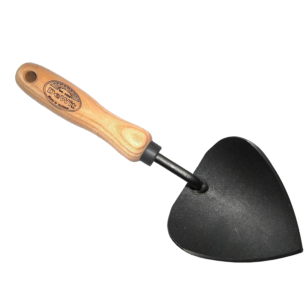 Handcrafted trowel with a wooden handle and curved black blade shaped for precise digging, perfect for farm, garden, and tool use in digging and cultivating collections.