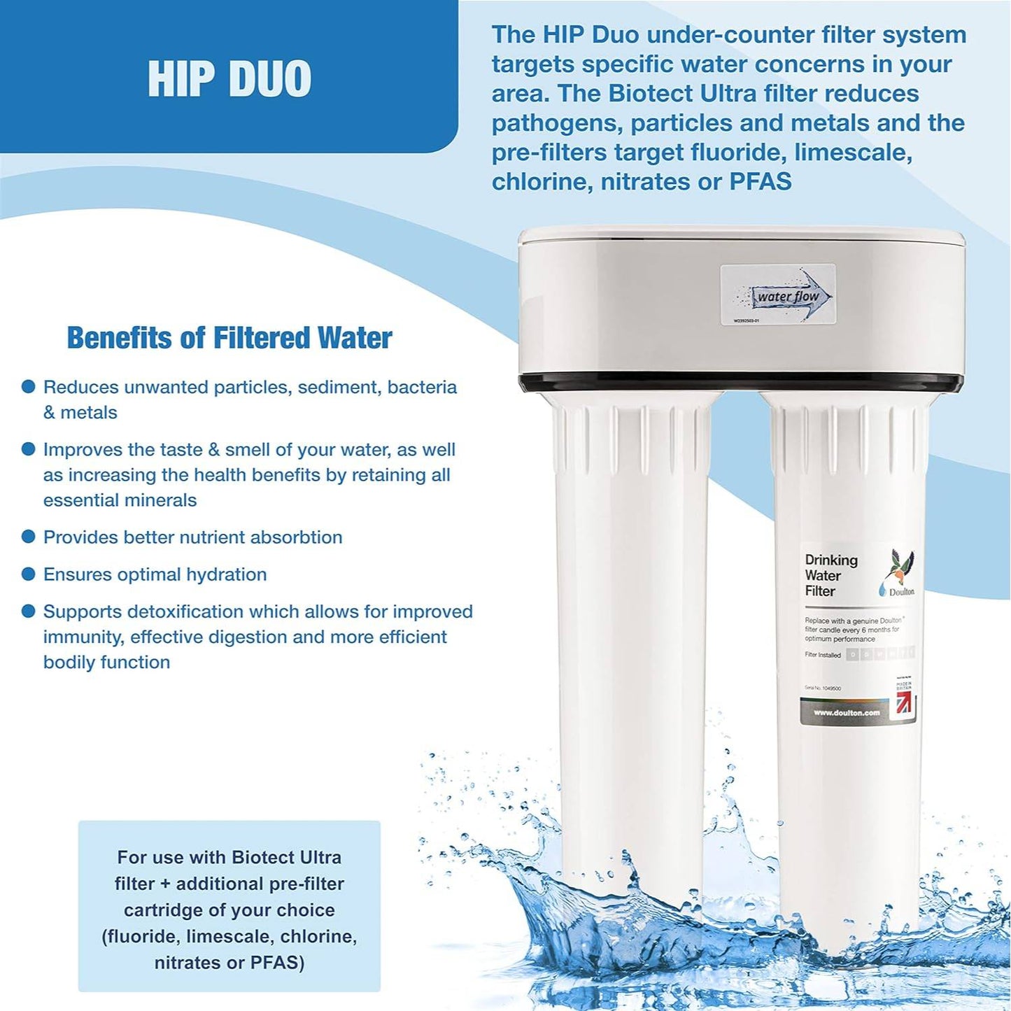White two-stage under-counter water filter system with dual ceramic filter chambers, designed to reduce fluoride, sediment, and metals, ideal for Appliances and Emergency Supplies collections.