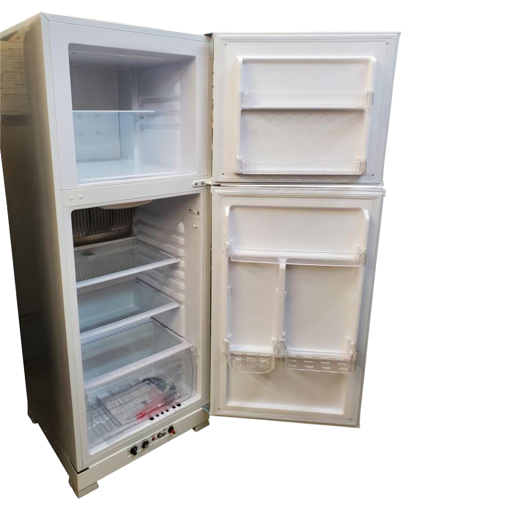 White gas refrigerator with separate freezer compartment, spacious interior shelves, clear crisper drawer, door storage bins, and compact design ideal for small spaces, part of USA Made and Appliances collections.