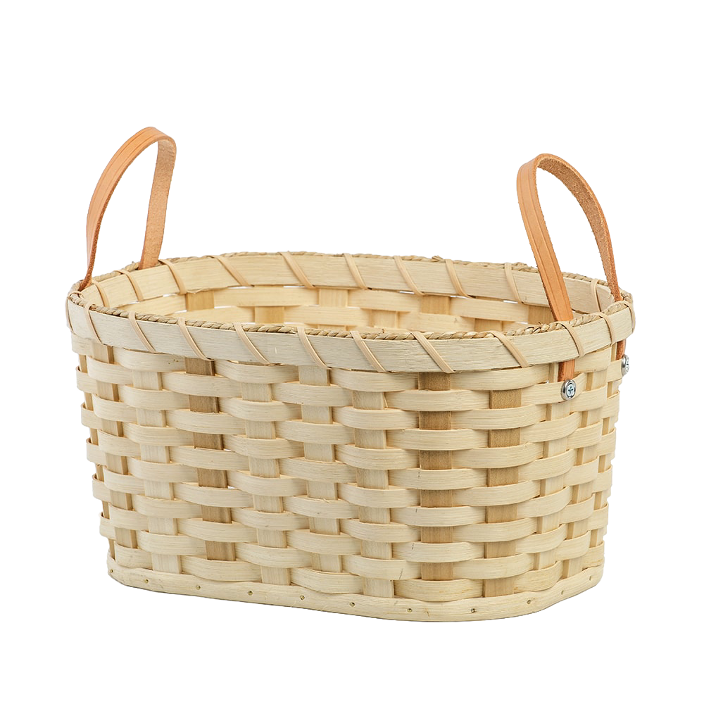 Handcrafted wooden toy laundry basket with two leather handles, made in the USA by Amish artisans, perfect for children's indoor play and wash day accessories collections.