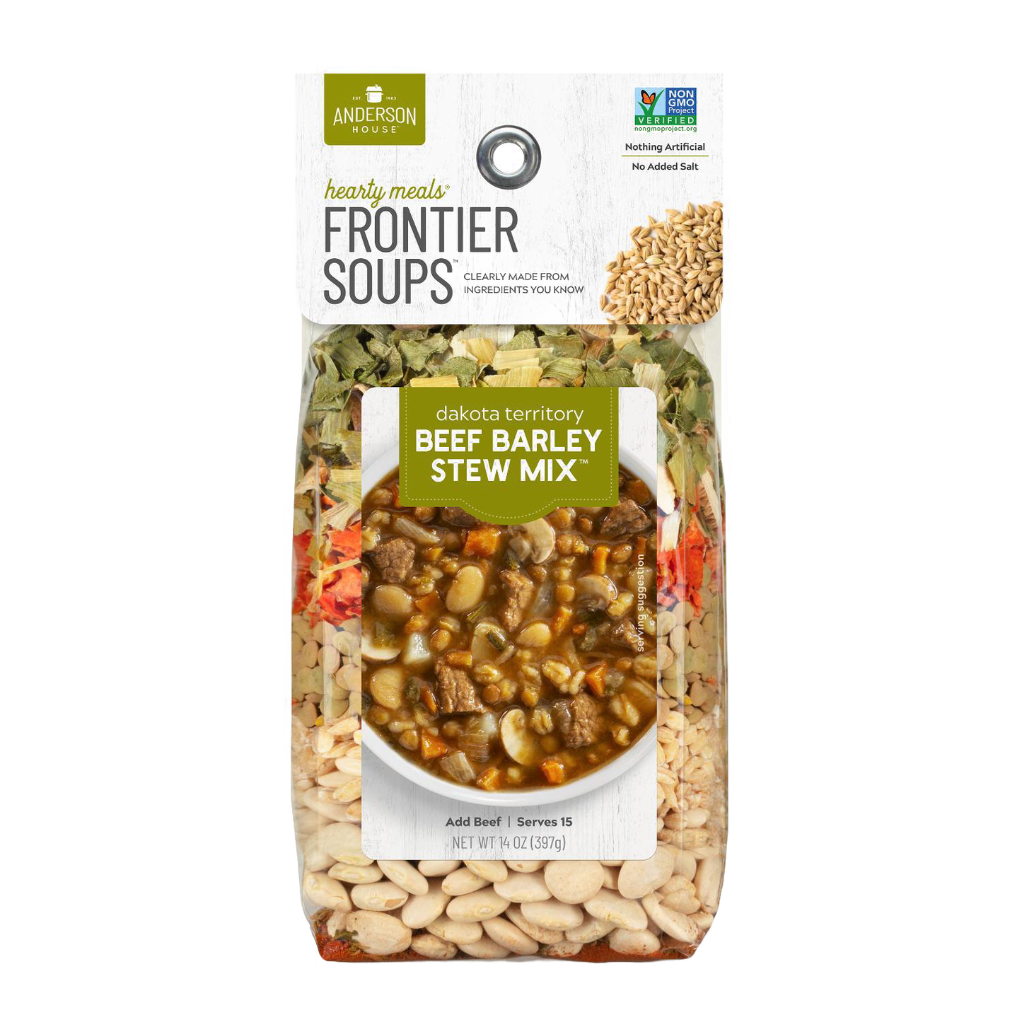 Clear plastic pouch containing handcrafted beef barley stew mix with visible dry ingredients including beans and herbs, made in USA, featured in Kitchen & Food, Pantry, Soups, and Dry Goods collections.