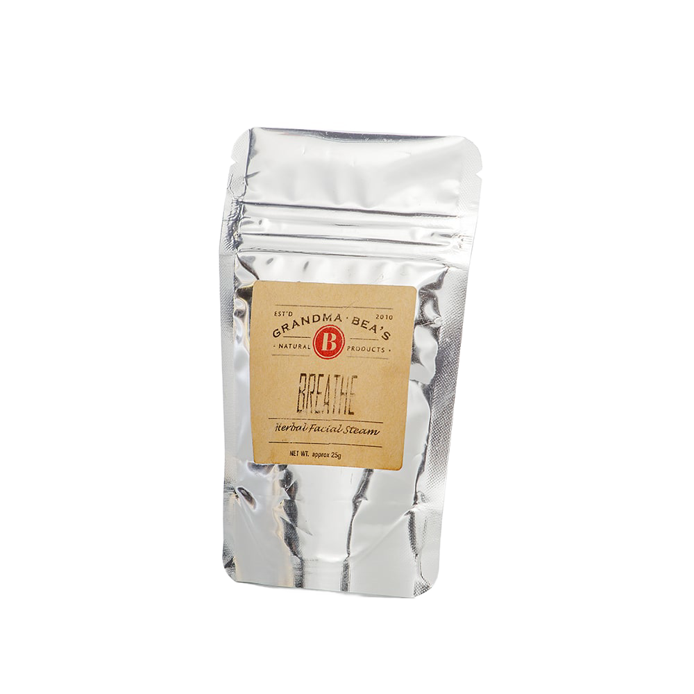 Resealable silver pouch of handcrafted herbal facial steam blend with eucalyptus, rosemary, and peppermint, made in USA, featured in Health & Wellness and Best Sellers collections.