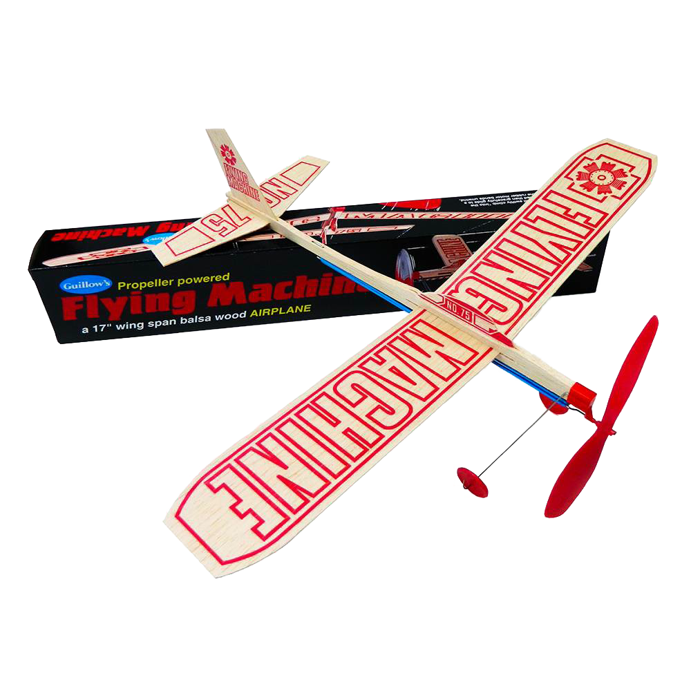 Handcrafted balsa wood propeller plane with red plastic propeller and lettering, designed for outdoor play and children’s toys, made in USA, part of Toys, Books & Games collection.