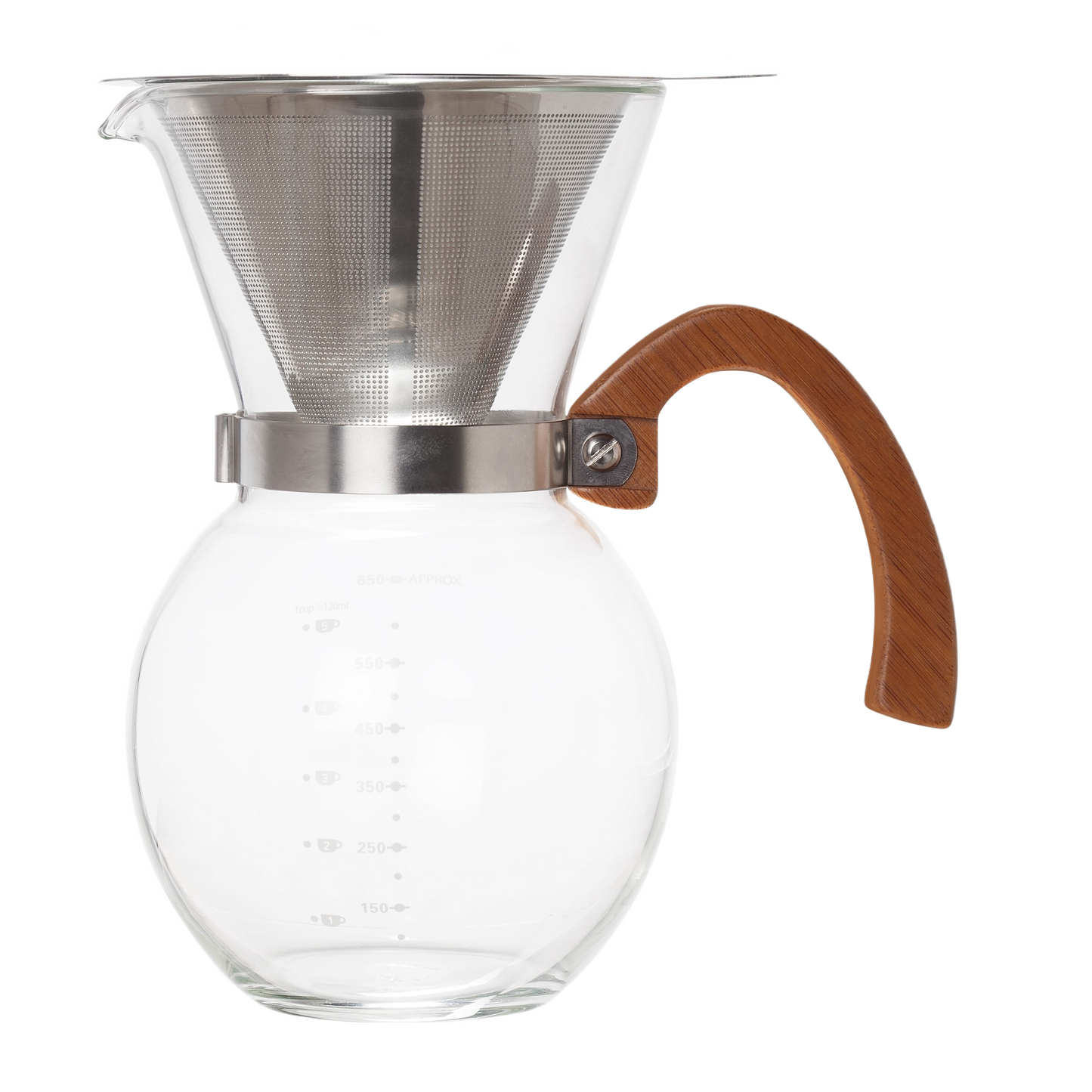 Glass pour-over coffee maker with a stainless steel filter and bamboo handle, designed for precise brewing, ideal for Farm, Garden & Tool and Kitchen & Food collections.