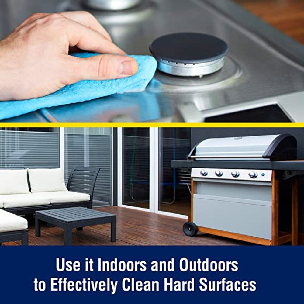 Hand wiping a stainless steel stove burner with a blue cloth paired with a clean outdoor patio featuring a gas grill and seating on a wooden deck, illustrating versatile household cleaning for indoor and outdoor hard surfaces.