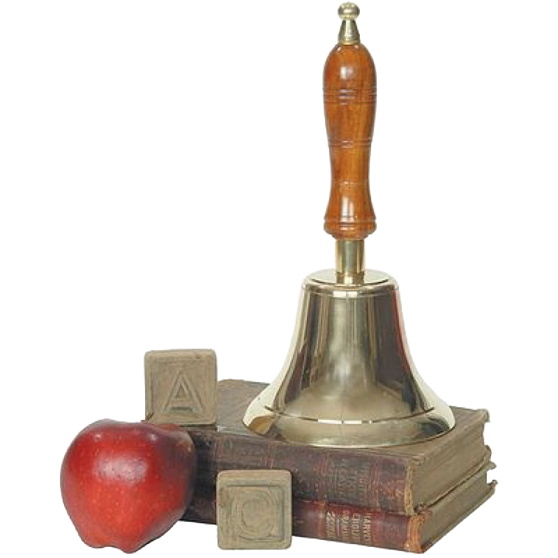 Shiny brass bell with a long wooden handle, displayed atop vintage books alongside a red apple and wooden alphabet blocks, representing classic home and decor style.
