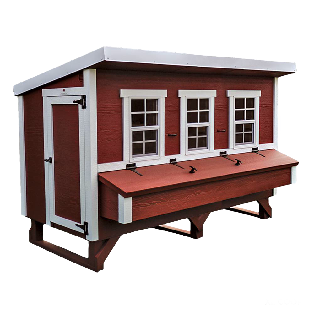 Sturdy handcrafted wooden chicken coop in red with white trim, featuring side door, three windows, and a front nesting box; made in USA and ideal for farm, garden, and chicken accessories collections.