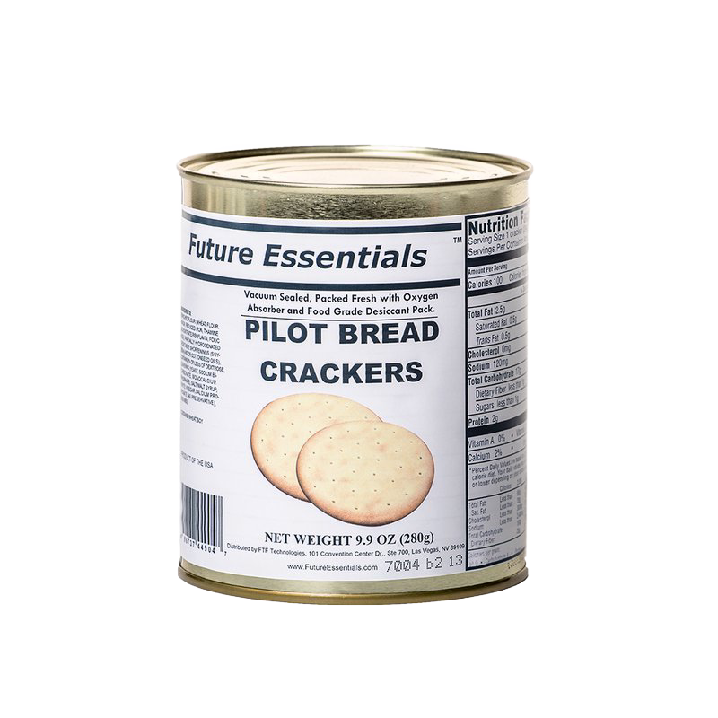 Metal can of handcrafted emergency pilot bread crackers weighing 9.9 oz, vacuum sealed with oxygen absorber and food-grade desiccant, ideal for Farm, Garden & Tool, Kitchen & Food, Emergency Supplies, Food, Pantry, Best Sellers, and Promo Eligible collections.