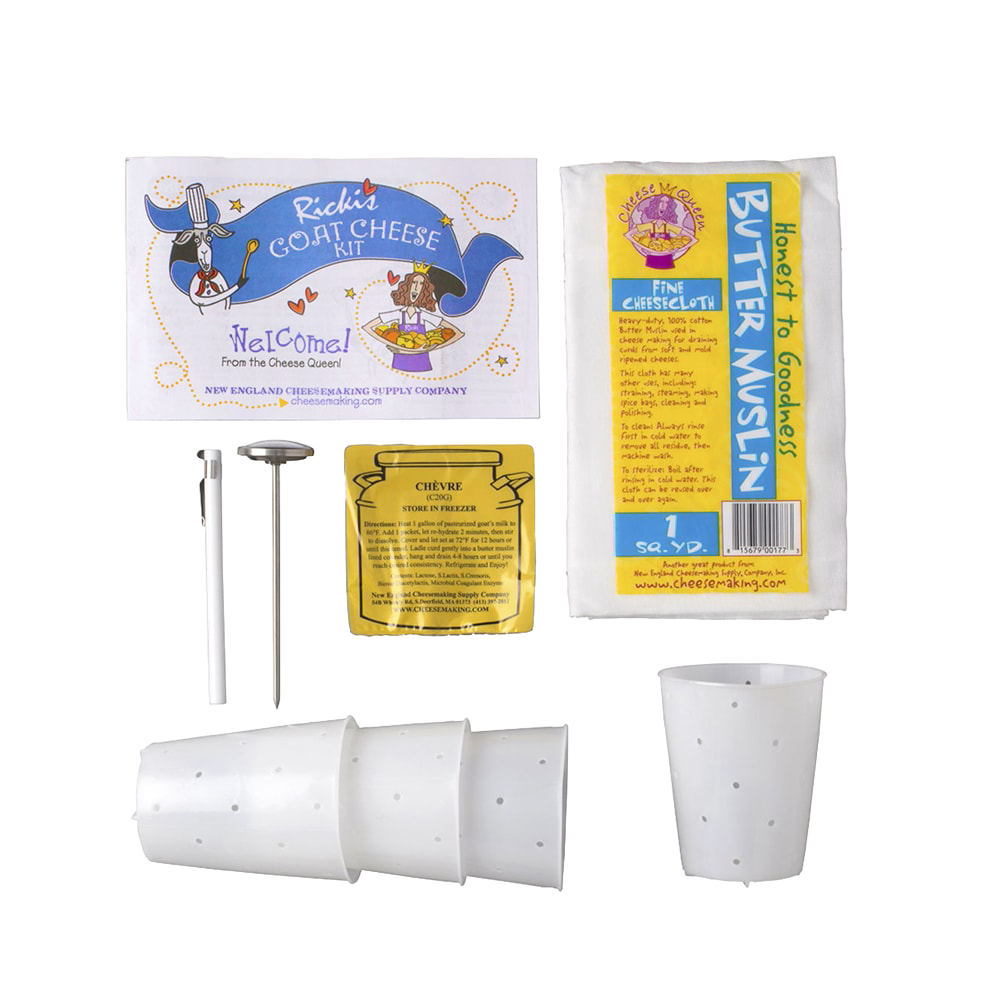 Goat cheese-making kit including small recipe booklet with illustrated instructions, four perforated molds, cheese starter cultures, and butter muslin cloth, ideal for Kitchen & Food, Specialty Equipment, DIY Cheese and Yogurt, and Best Sellers collections.