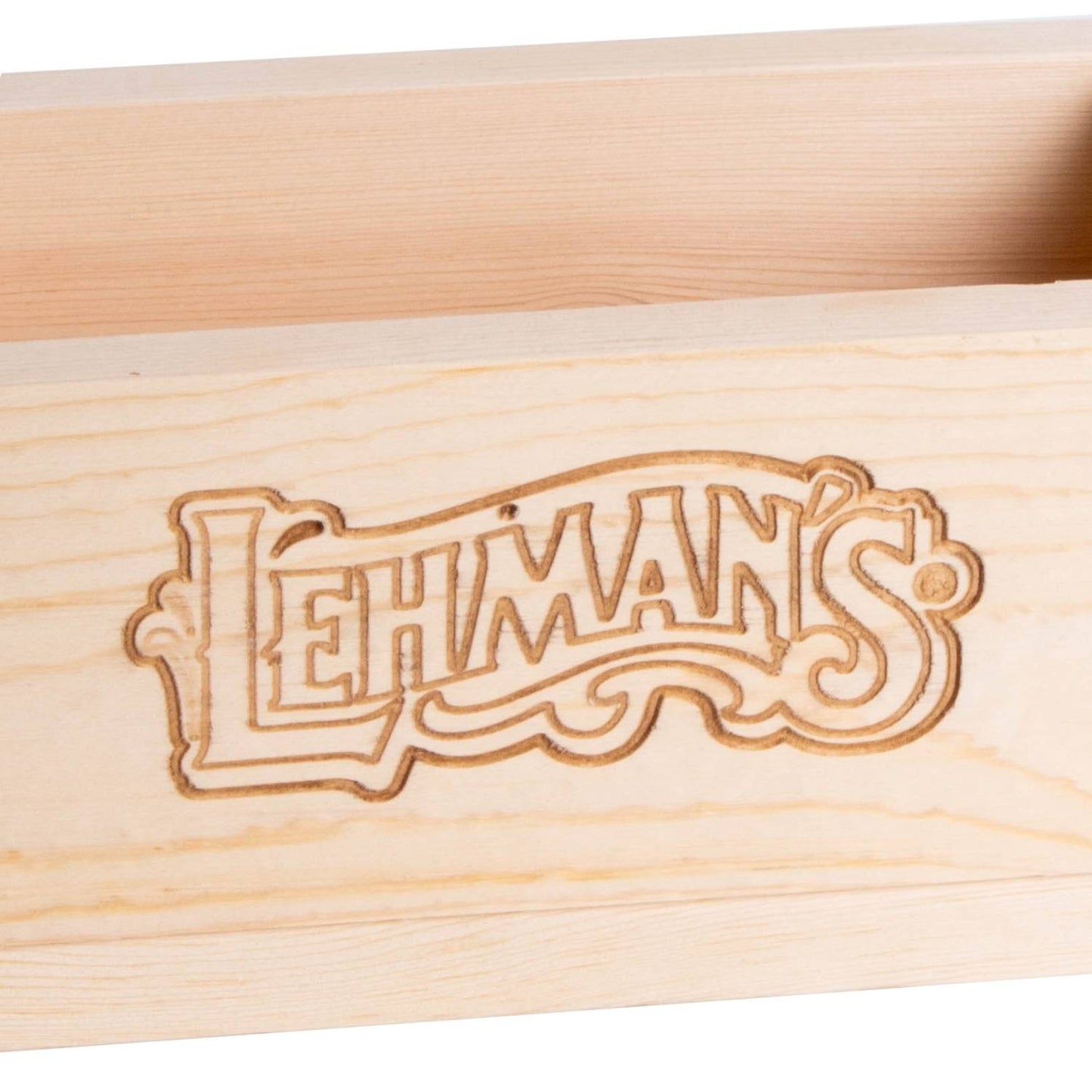 Close-up of a handcrafted pine wooden soap loaf mold featuring the Lehman’s engraved logo, designed for cold process soapmaking in Health & Wellness and USA Made collections.