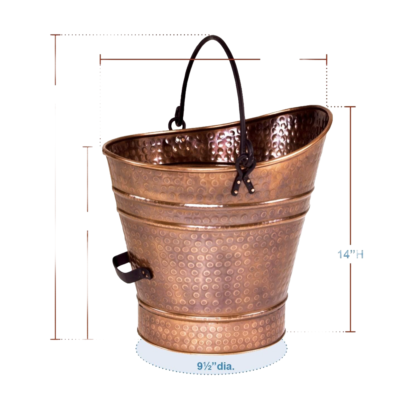 Large hammered copper coal hod with black bail handle and side grip, designed to hold ashes safely, featured in Stoves, Hearth Accessories, Best Sellers, and Promo Eligible collections.
