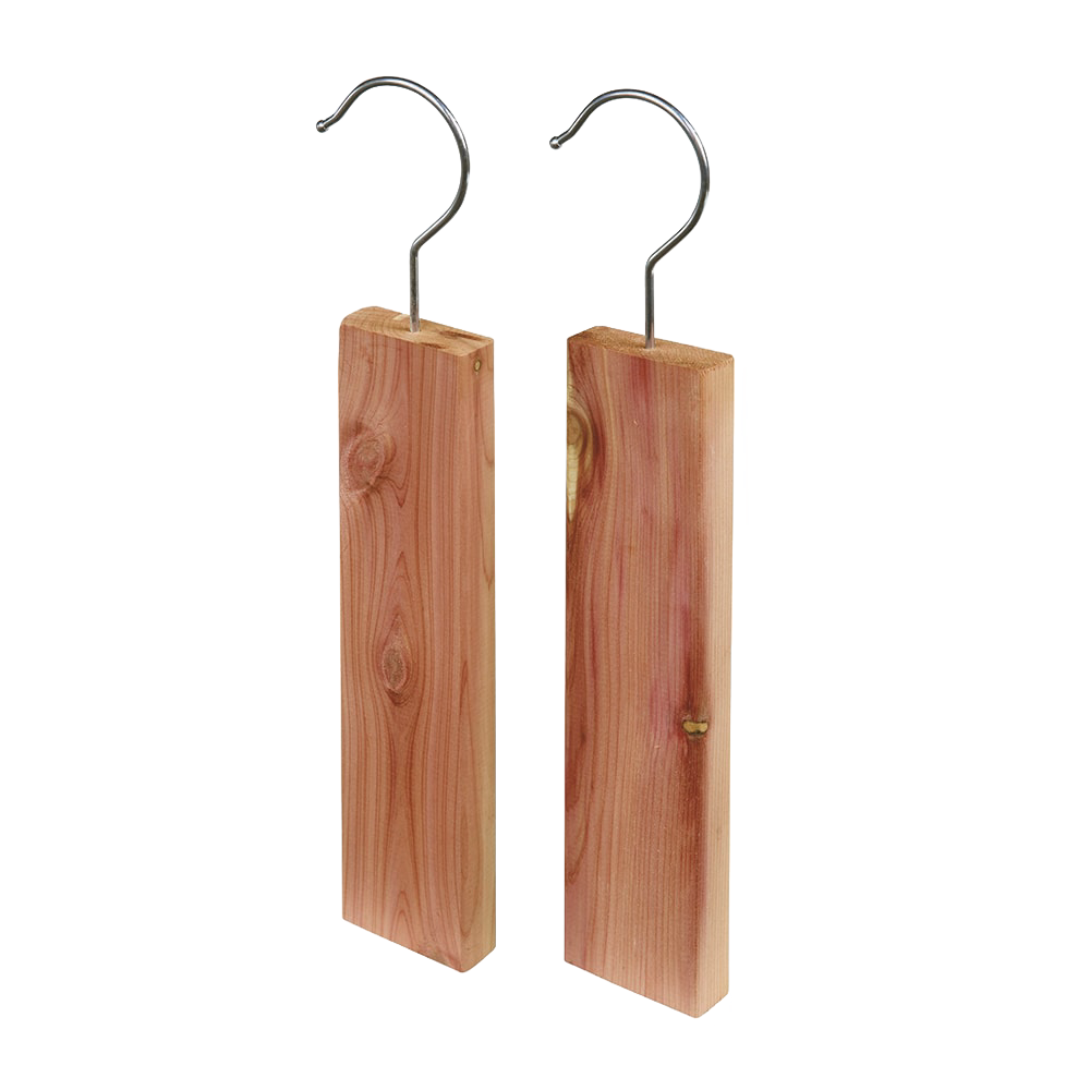 Two handcrafted red cedar hooks with natural wood grain and metal hangers, designed to repel moths and freshen closets, ideal for Health & Wellness and Home & Decor collections.