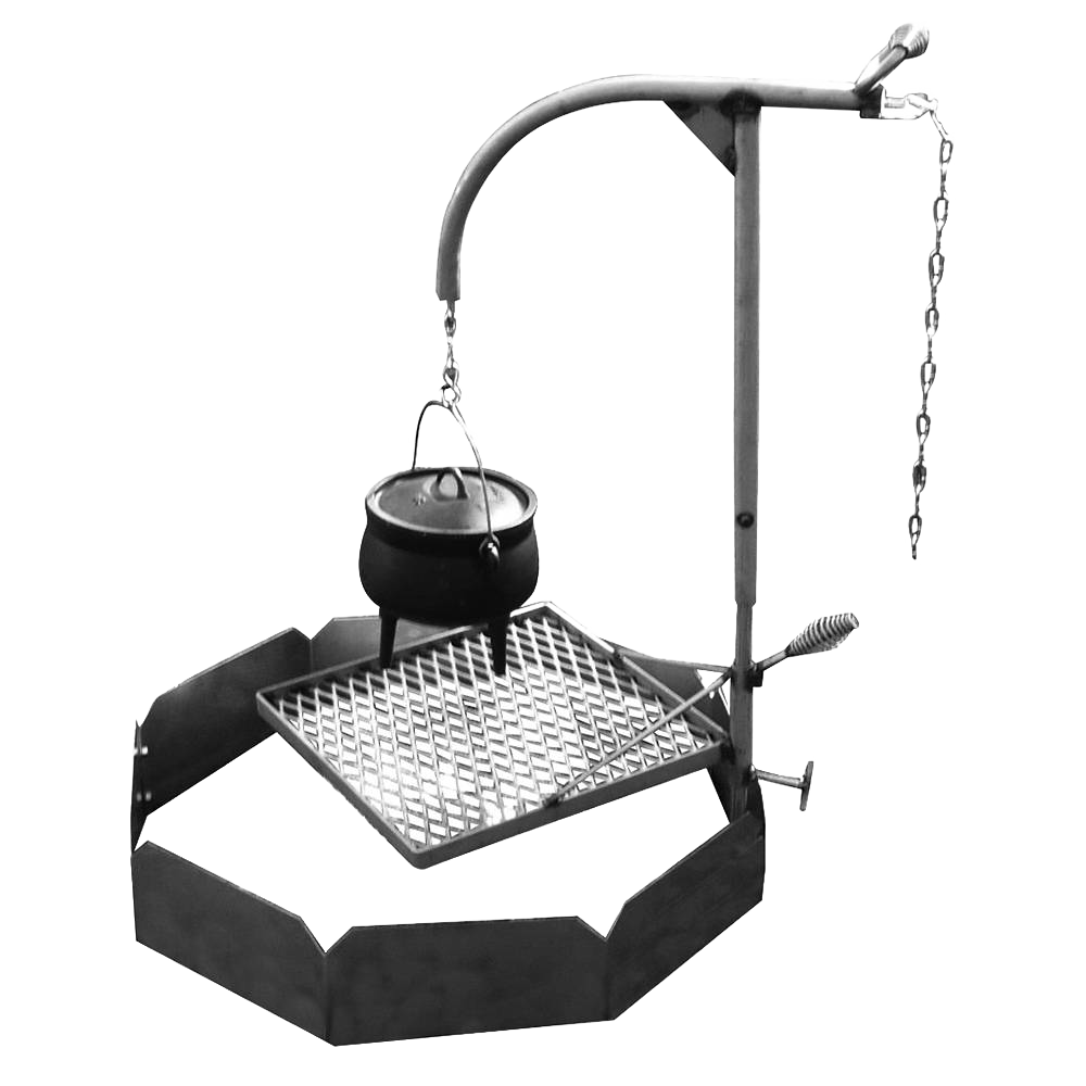Handcrafted heavy-duty camp grill with an adjustable support post, kettle hook, and diamond-style cooking grate made from weather-resistant stainless steel, ideal for Farm, Garden & Tool and Camping collections.
